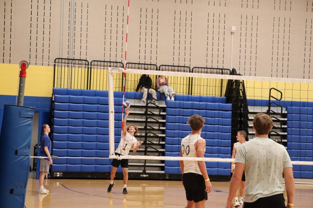 Sophomore player hits the ball during the He-Man volleyball games. (Zane Doyle) | SHS Ocksheperida